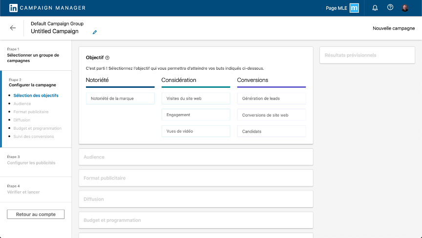 Exemple d'objectifs via le campaign manager de LinkedIn.