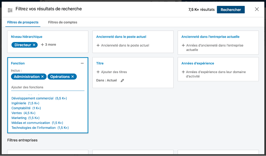 Exemple de paramètres supplémentaires via le compte Premium Sales Navigator.
